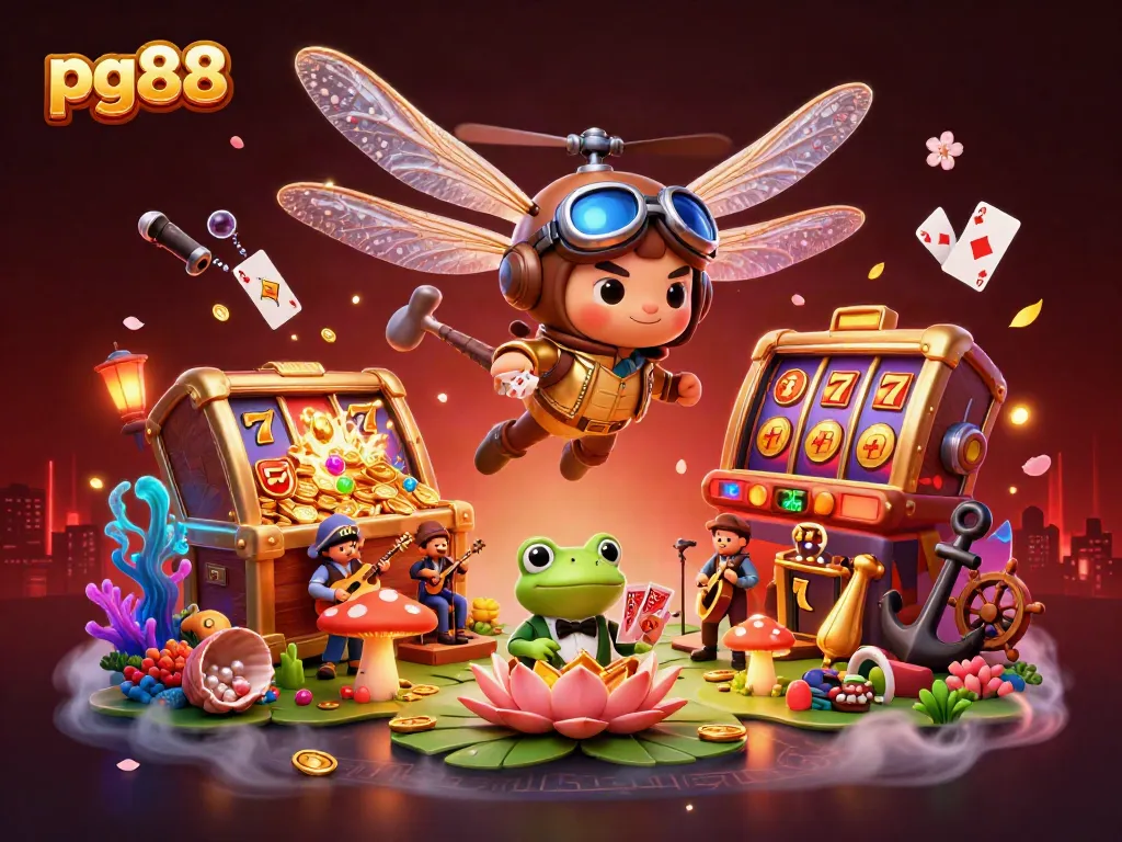 Play exciting games at pg88 with a vibrant scene showcasing a dragonfly pilot and frog croupier.