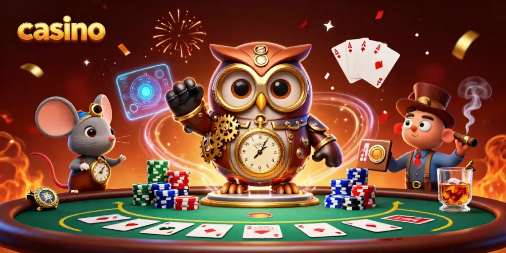 Experience a casino adventure with time-traveling owl and poker elements in this vibrant art