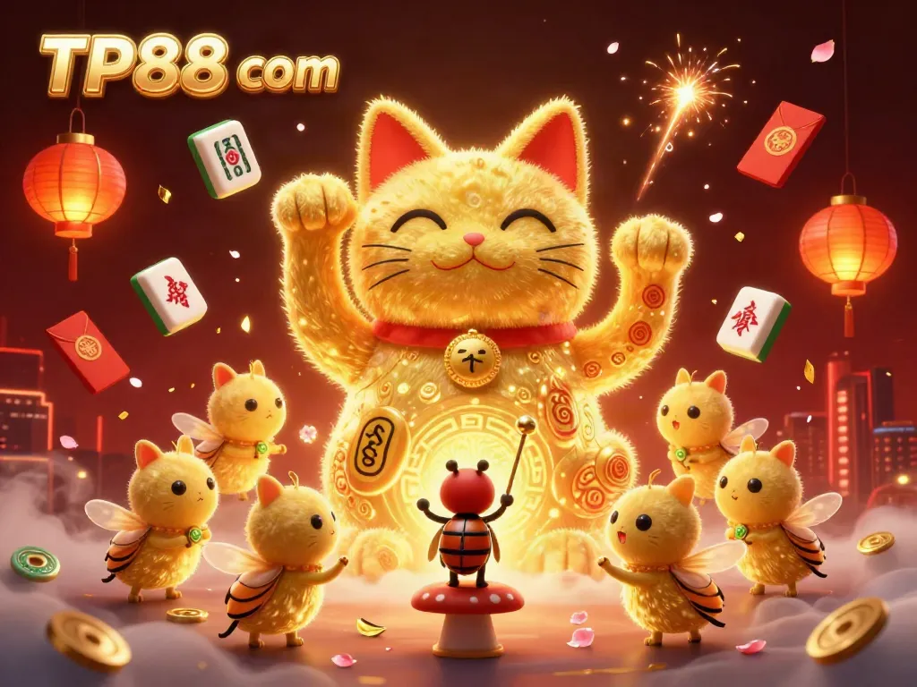 Experience the vibrant world of TP88 com with a lucky cat and casino symbols, highlighted by festive elements.