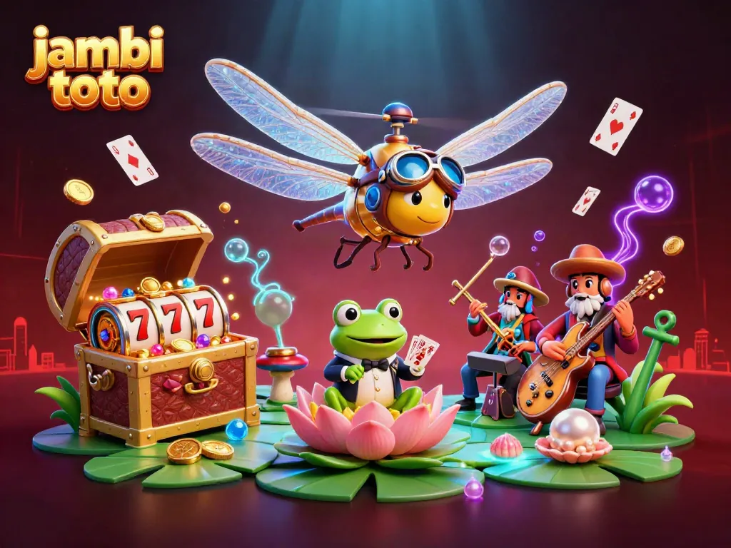 Play thrilling games at jambi toto's vibrant lily pad casino featuring cartoon characters and dynamic elements.