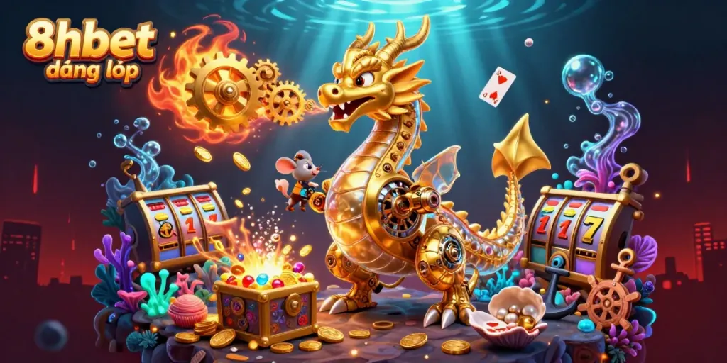 Experience thrilling gameplay with 8xbet đăng nhập, immersive dragon scene filled with slots and treasures.