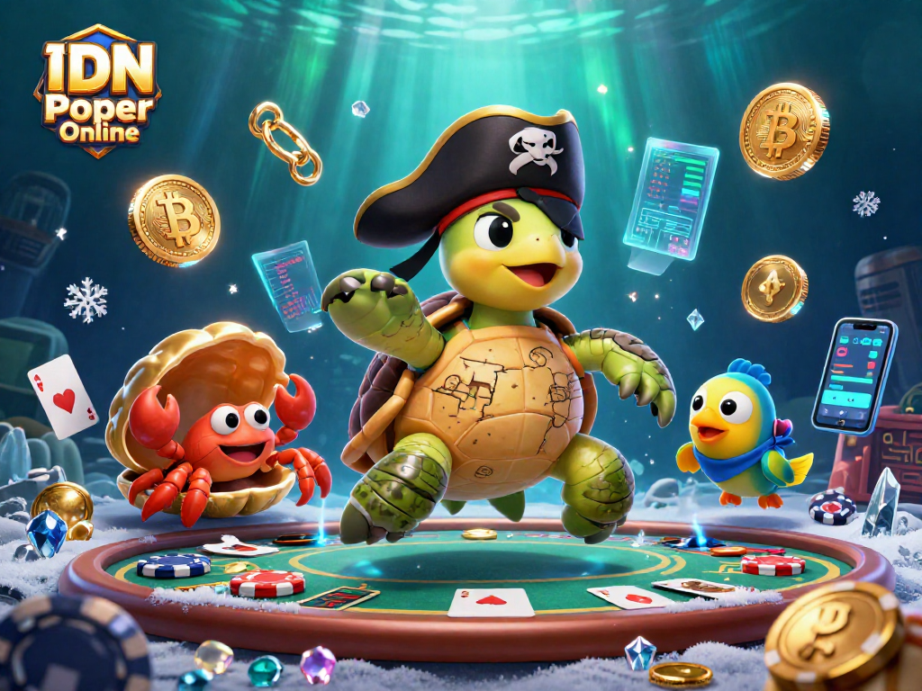 Experience IDN Poker Online excitement with a dynamic scene of cartoon characters amidst poker and crypto elements.