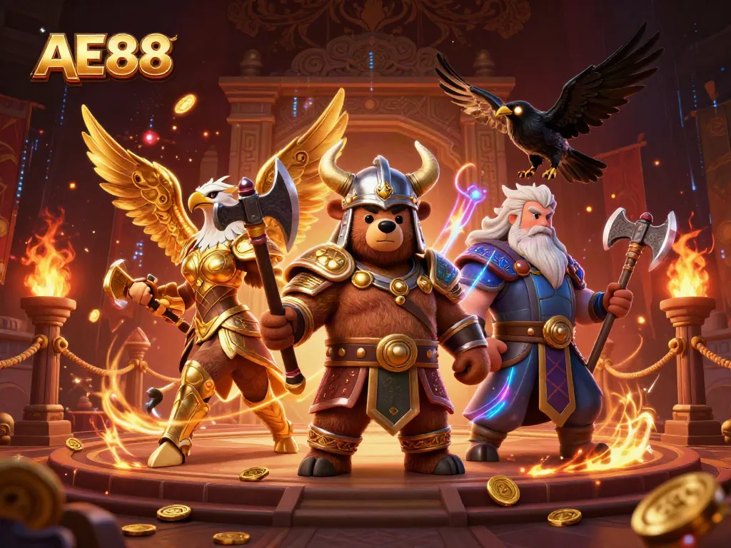 Experience thrilling action with AE88's cartoon Viking bear and Valkyrie eagle in an energetic casino scene.