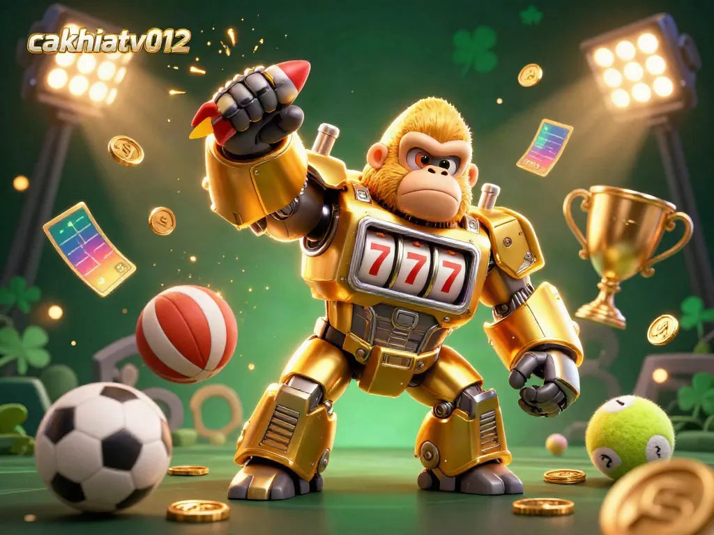 CakhiaTV brings thrilling sports betting action to life with a golden gorilla mech in a dynamic scene.