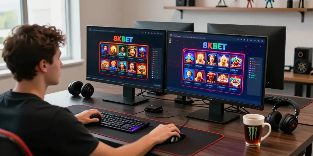 Player enjoying online games at 8kbeteu.com in a modern gaming setup.