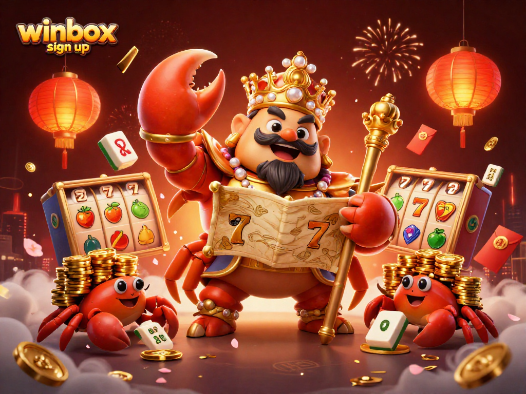 Engage in winbox sign up for thrilling slot games guided by a golden crab emperor in this vibrant casino scene.