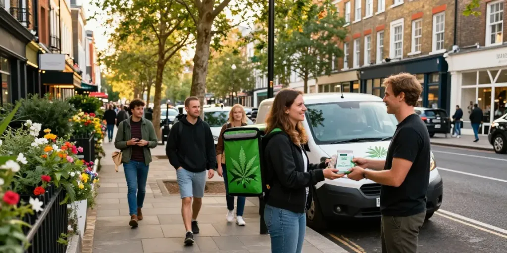 People enjoying discreet weed delivery in a lively London street setting.