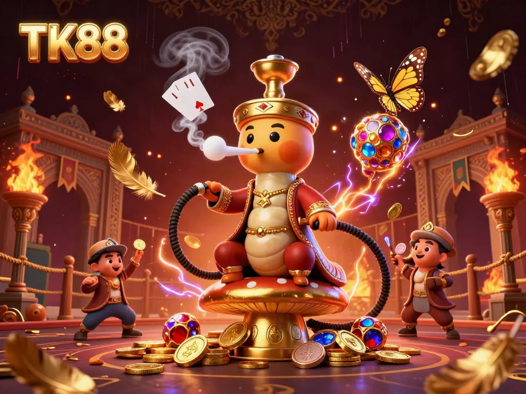 Experience the excitement of TK88 with a vibrant 3D casino illustration showcasing a caterpillar master and rich gambling elements.