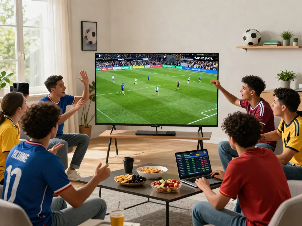 Friends enjoying a live soccer match on Socolive, surrounded by snacks and jerseys in a modern living room.