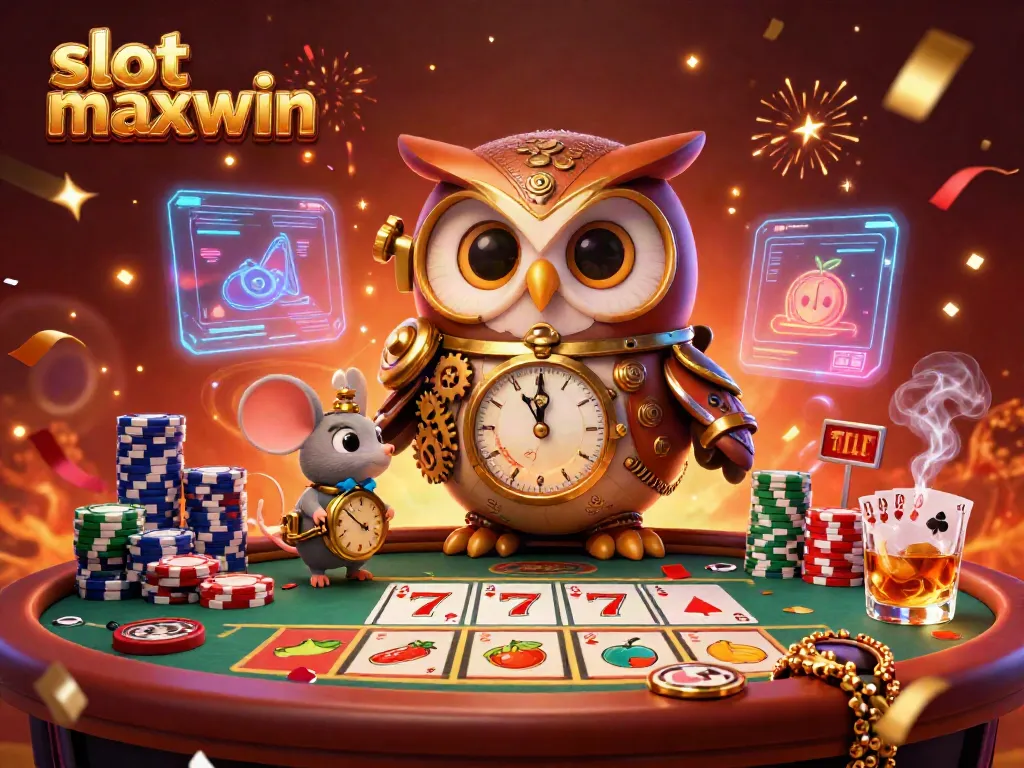 Engage with slot maxwin in a vibrant 3D scene featuring time-traveling characters amidst a steampunk casino atmosphere.
