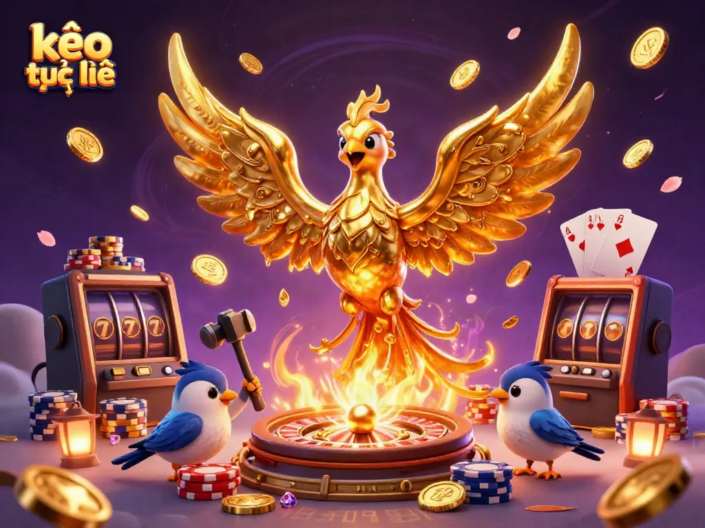 Engage with kèo trực tuyến through this dynamic 3D casino scene featuring molten gold characters and vibrant game elements.