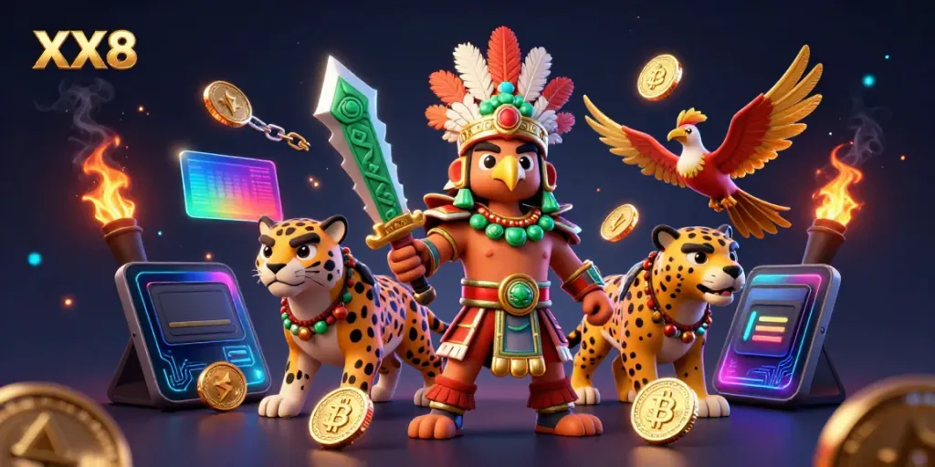 Engage with XX8 online casino games featuring vibrant 3D characters and crypto elements.