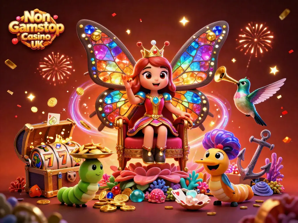 Engage with Non Gamstop Casino UK, featuring a vibrant butterfly queen, treasure elements, and celebratory visuals.