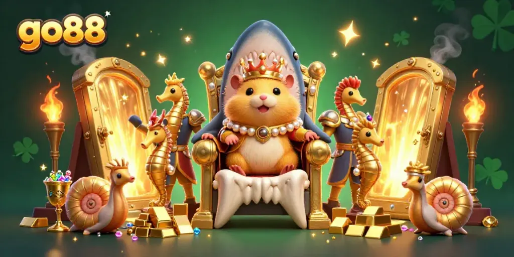 Engaging scene of a fierce golden hamster king on a megalodon throne, symbolizing go88's thrilling gaming atmosphere.