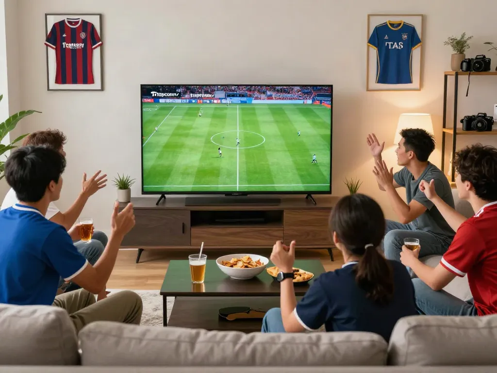 Friends eagerly watching Thapcamtv football match at home with snacks.