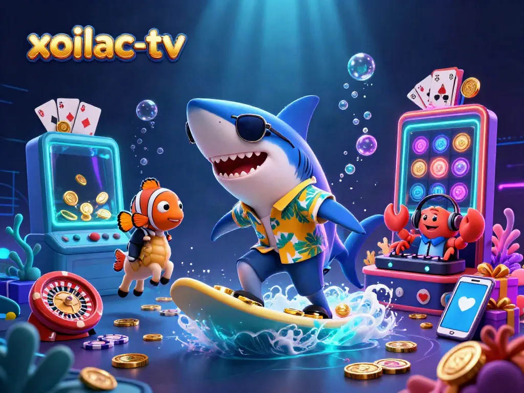 Experience the thrilling action of xoilac-tv with a surfing shark and vibrant casino elements in a 3D cartoon scene.