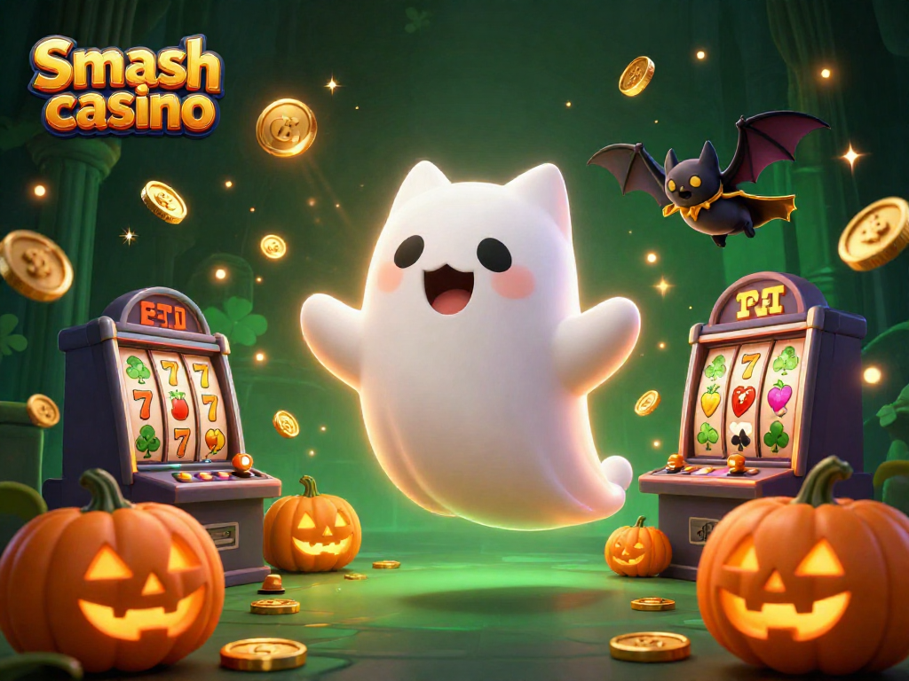 Engage with Smash casino's thrilling game scene featuring ghostly characters and vibrant slots.