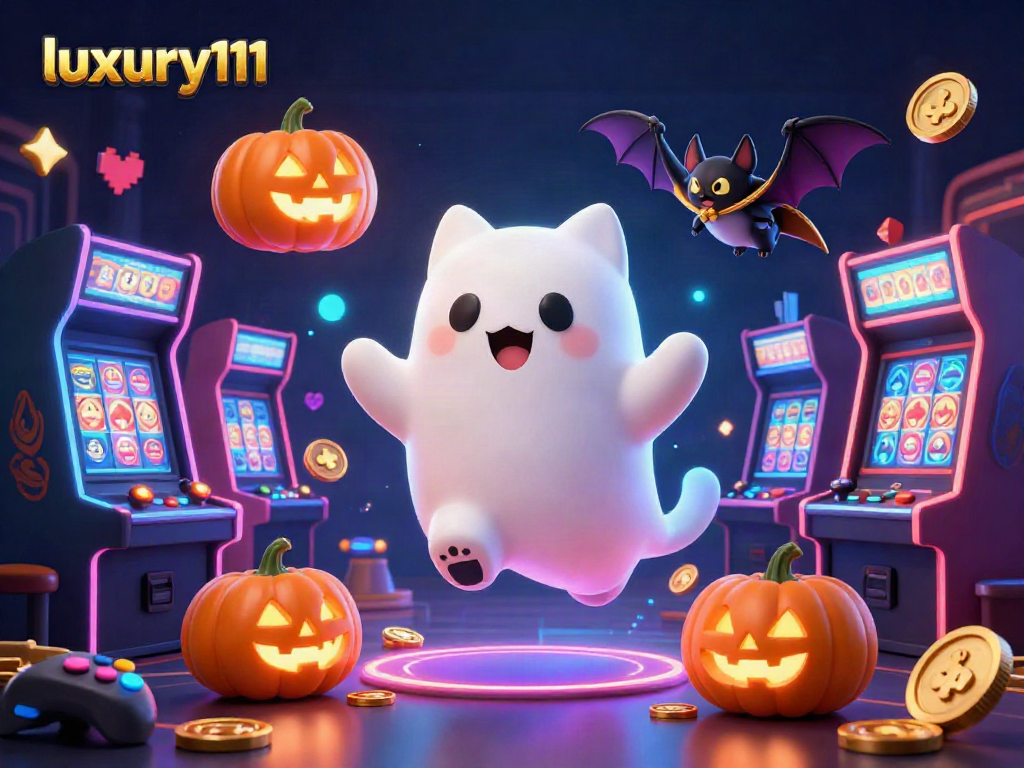 Engage with luxury111 at this vibrant haunted casino featuring a friendly ghost cat and a bat.