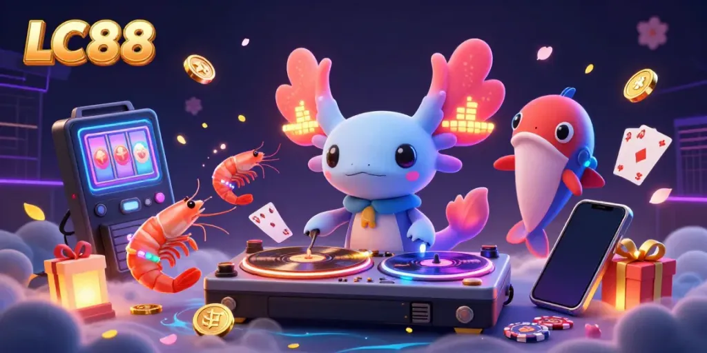 Experience the excitement of LC88 with vibrant 3D gambling characters in a lively casino scene.