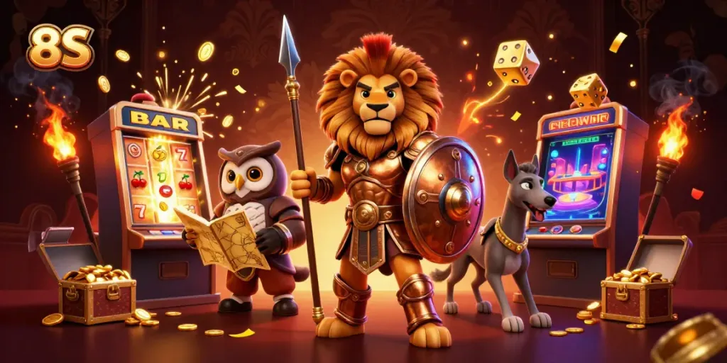 Spin the jackpot at 8S with a dynamic 3D scene featuring a Spartan lion and a slot machine bursting with coins.