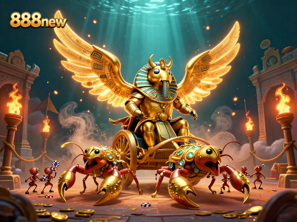 Experience thrilling gameplay at 888new with a vivid 3D illustration of legendary casino elements.