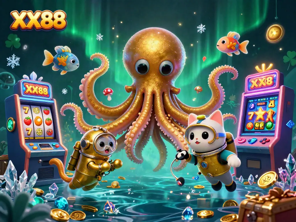 Engage in immersive casino gameplay with XX88's vibrant kraken and treasure scene.