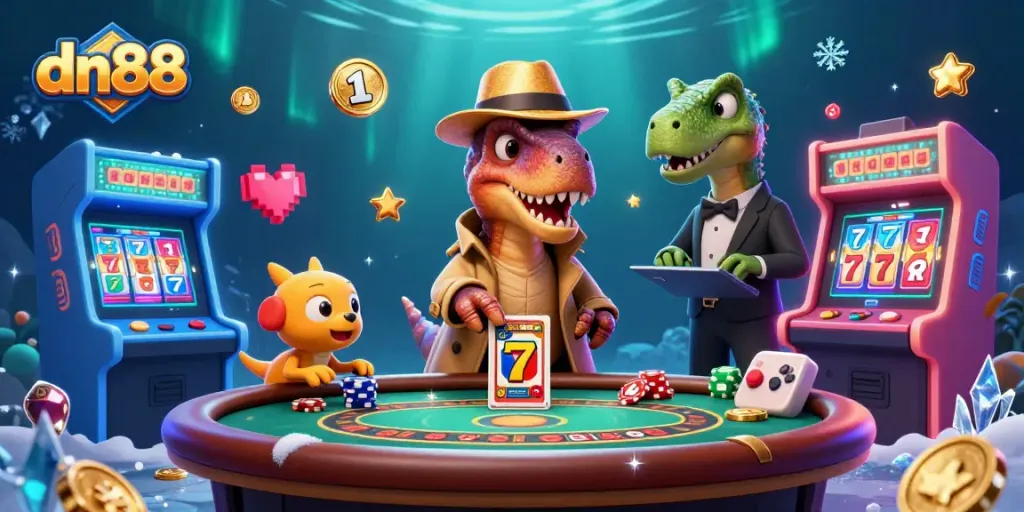 dn88 velociraptor card counter plays blackjack amidst vibrant casino details and charming characters.