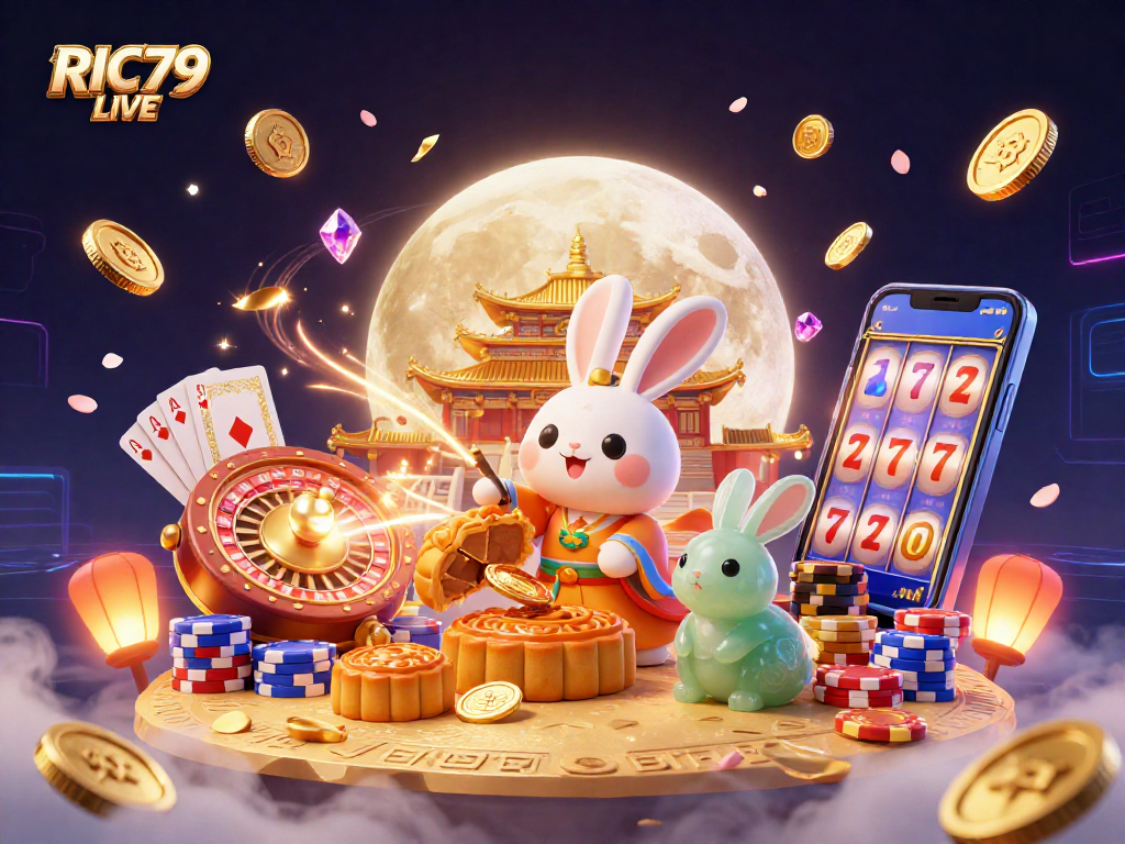 Engaging scene featuring RIC79 LIVE, showcasing a moon rabbit amidst casino elements like poker chips, coins, and roulette.