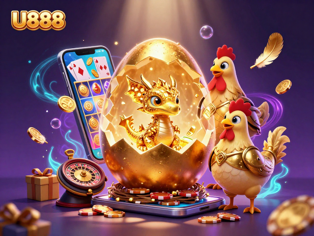 U888 reveals a golden dragon amidst poker chips, embodying jackpot excitement in the casino.