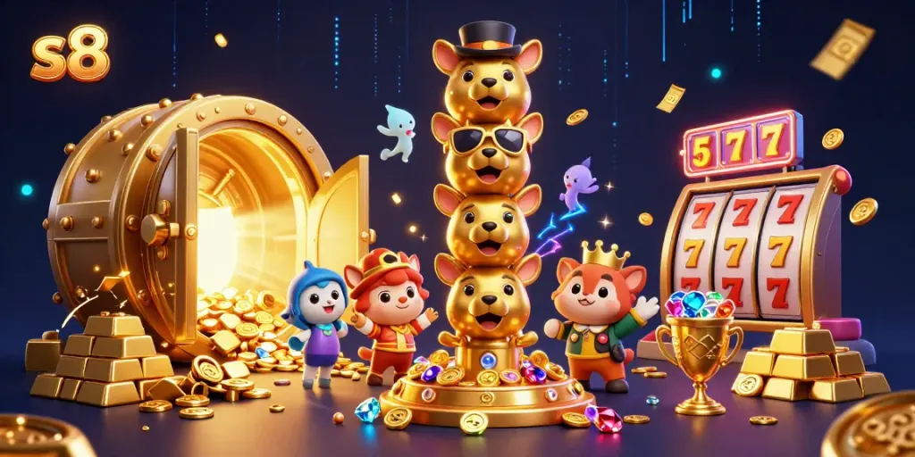 Engage with the vibrant world of S8, featuring a golden totem and casino treasures, bringing excitement to the game!