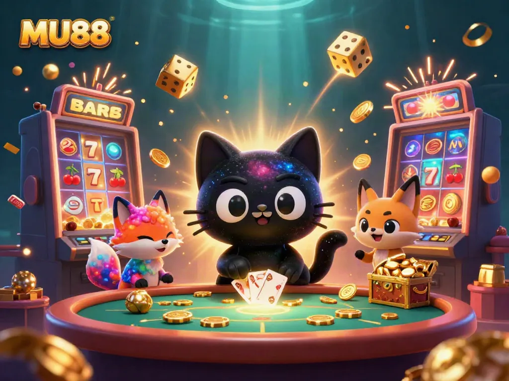 Engage with MU88's thrilling casino world featuring a cosmic cat and nebula fox amidst gaming excitement.