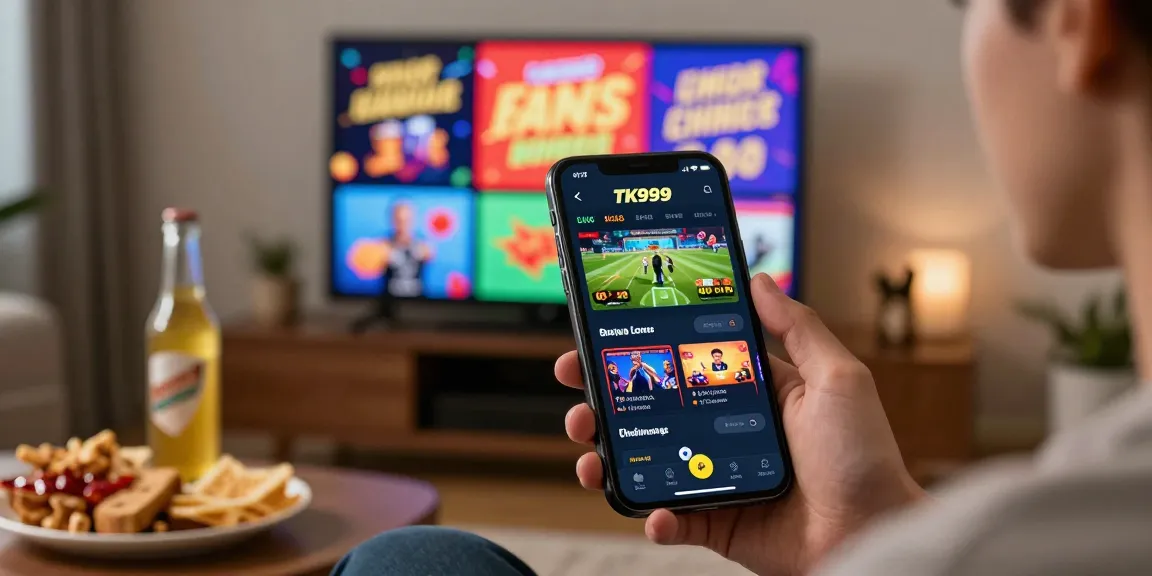 Engaging user on TK999 mobile app for online betting, showcasing live sports and casino games in a welcoming home atmosphere.