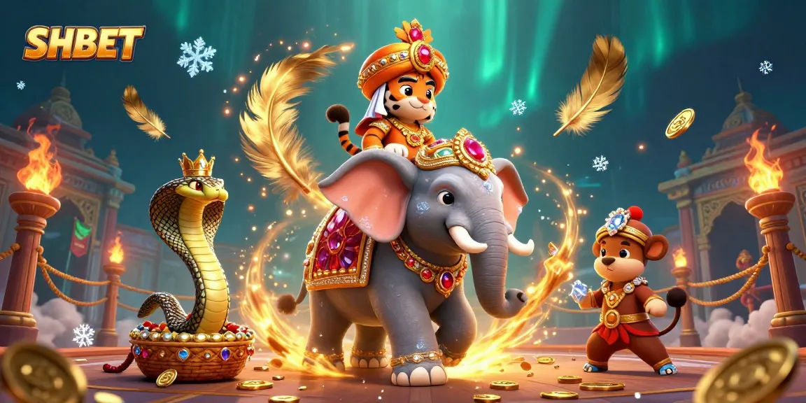 Experience thrilling betting adventures with SHBET in a vibrant casino scene featuring a majestic maharaja and elephant.