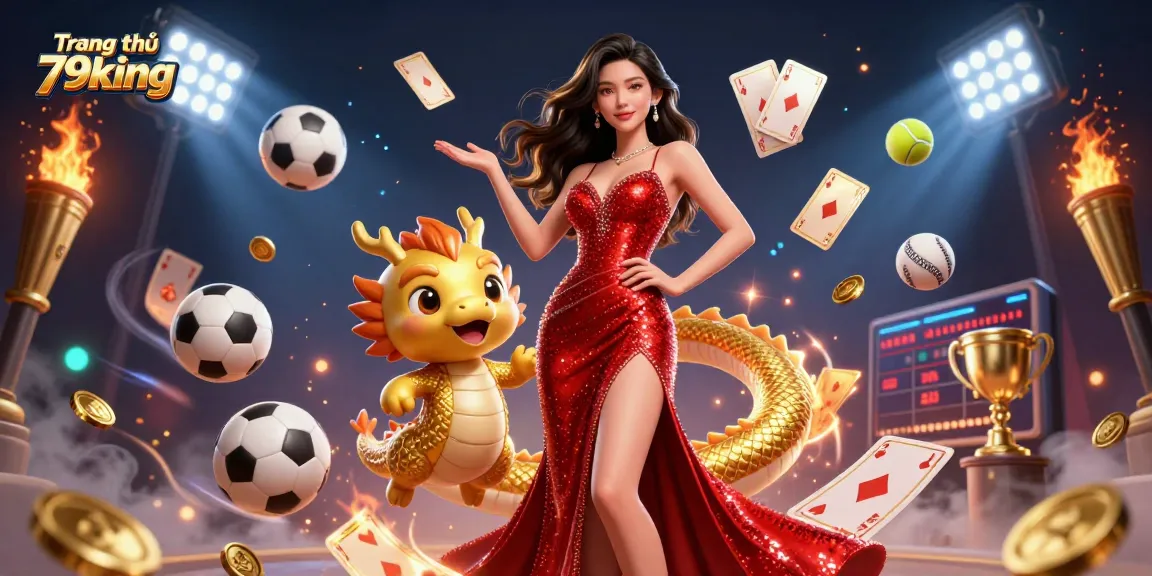 Experience the dynamic scene of Trang chủ 79king with casino excitement, showcasing a stunning Asian woman and gaming symbols.