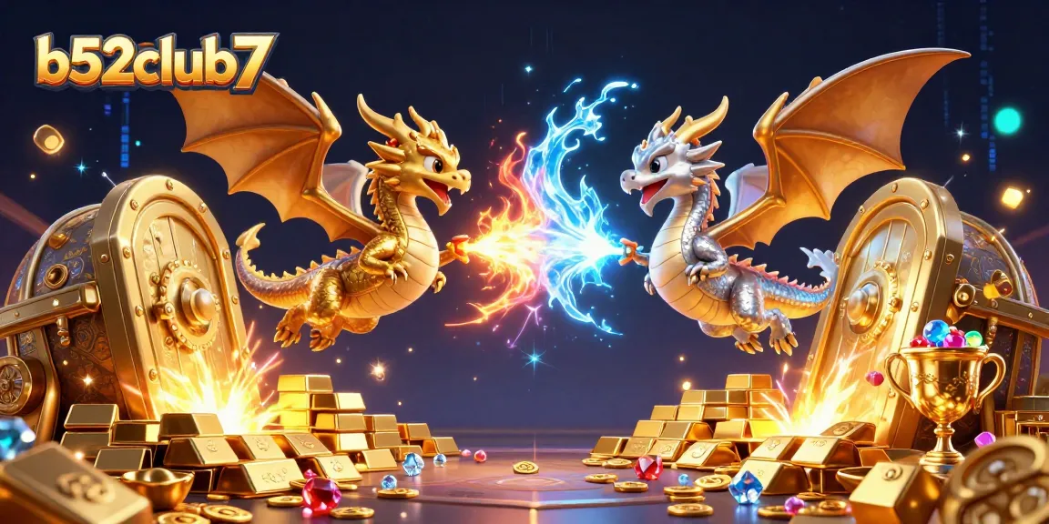 Experience exhilarating gaming with b52club7, featuring a dynamic scene of gold and silver dragons amidst treasures.