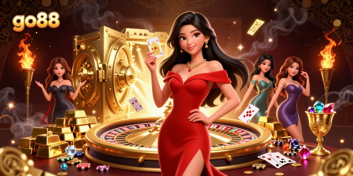 Play exciting games at go88 like poker with a beautiful dealer amidst rich casino elements.