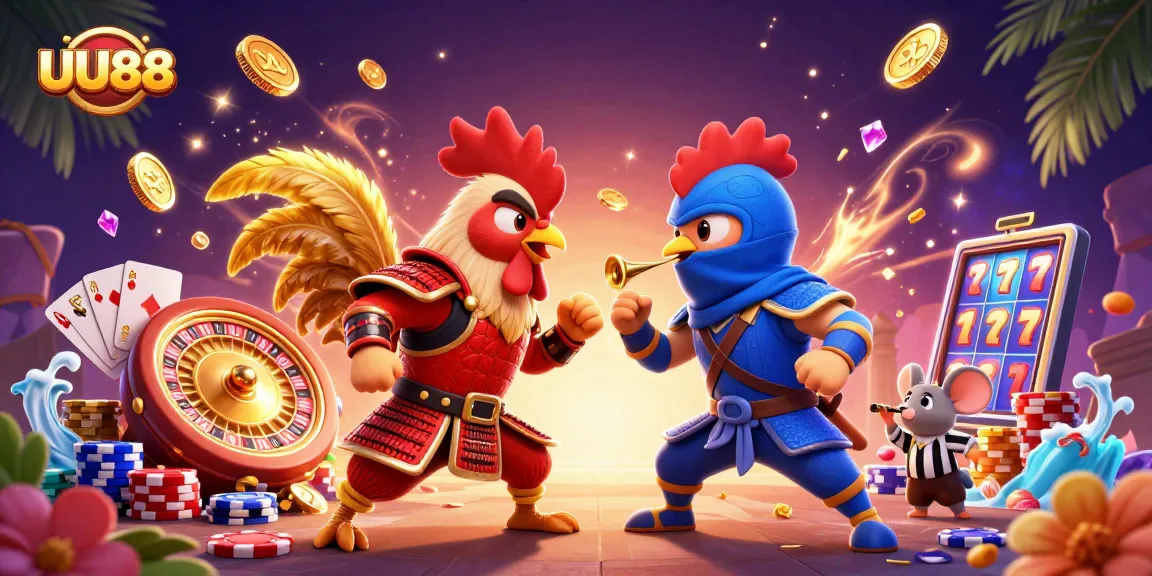 At UU88, twin roosters battle in a vibrant casino scene filled with gold coins and sparkling gems.