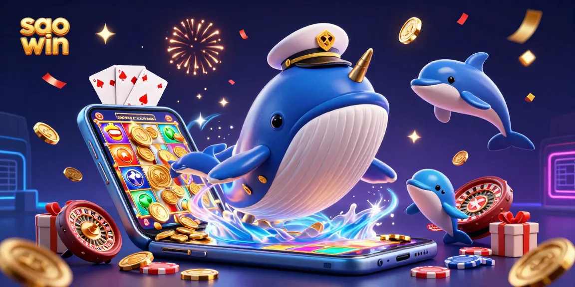 Sao win showcases a vibrant scene of a cartoon whale and narwhal with poker chips amidst a dazzling casino environment.
