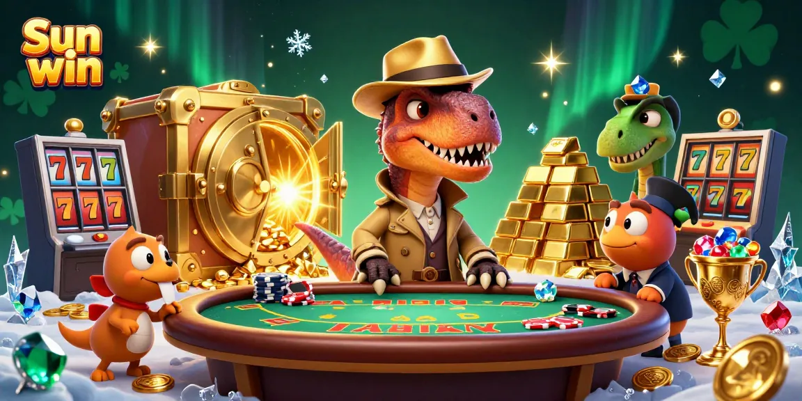 Experience thrilling gameplay with Sun win, where cartoon dinosaurs engage in blackjack at a vibrant casino.