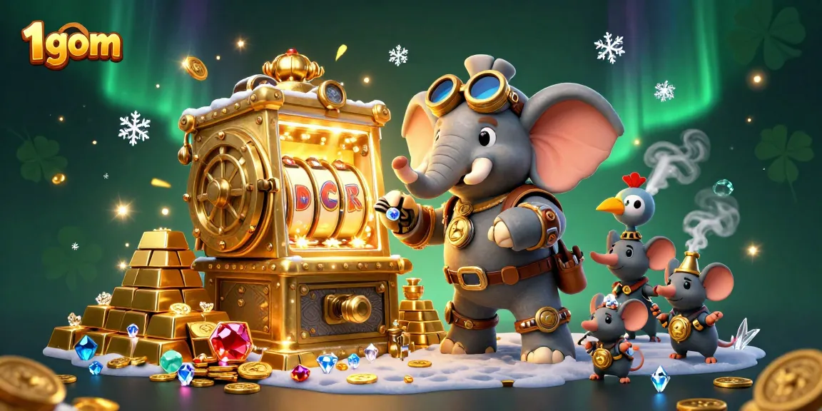 1 gom showcases a vibrant steampunk scene where characters play a golden slot machine amidst sparkling treasures, boosting gaming excitement.