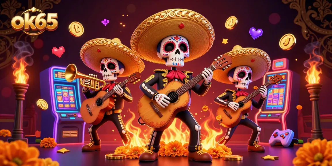 Engage in the vibrant casino world with ok65, featuring a mariachi band among slot machines.