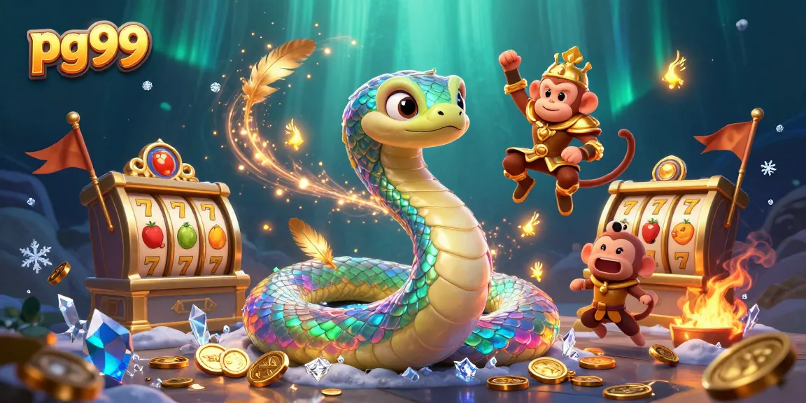 Spin and win with pg99's vibrant 3D casino world featuring a radiant rainbow serpent and treasures.