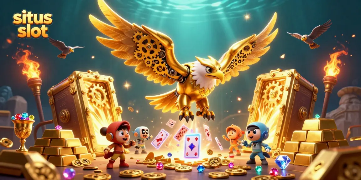 Experience excitement with situs slot as a golden eagle dives through playing cards in a dazzling casino scene.