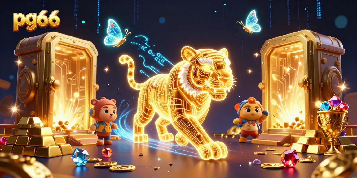 Experience thrilling action at pg66, featuring a neon golden tiger in a vibrant casino setting.