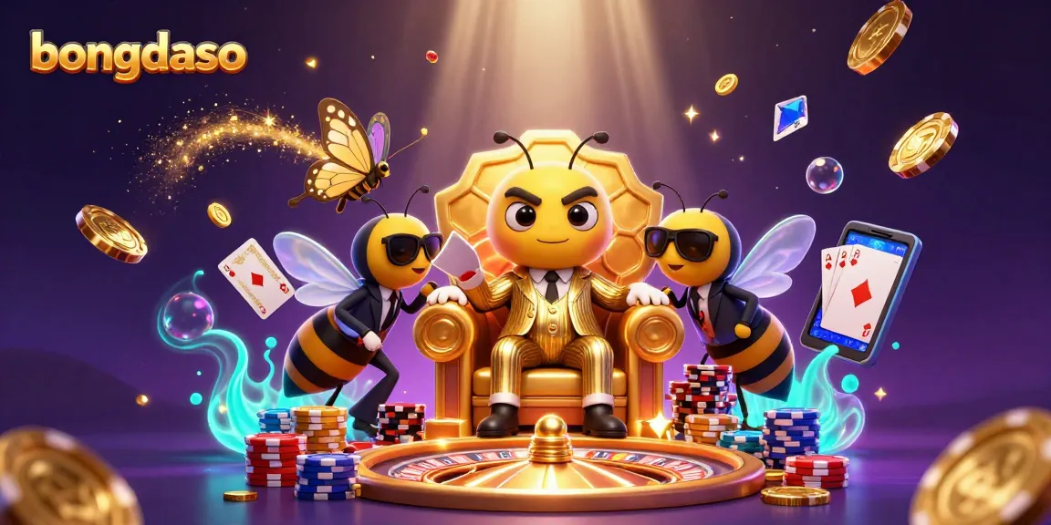 Bongdaso casino scene with a bumblebee mob boss and wasp bodyguards, surrounded by casino elements and golden treasures.
