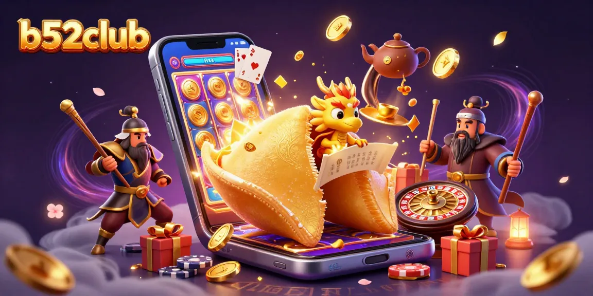 Engage in exciting games at b52club featuring a magical scene with a golden fortune cookie and gaming elements.