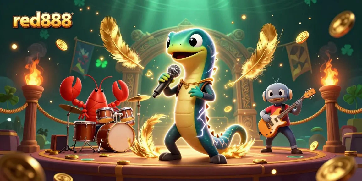 Engage with red888's vibrant underwater casino scene featuring electric eel DJ, lobster drummer, and seahorse guitarist.