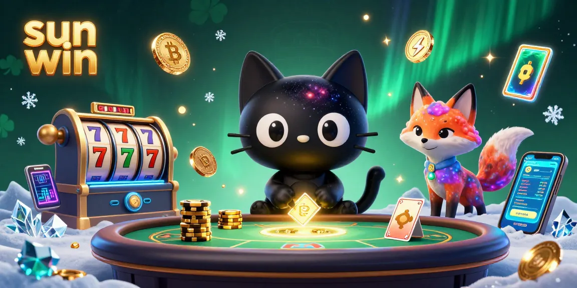 Play and win at Sun Win with a cosmic cat and colorful fox in a vibrant casino scene.