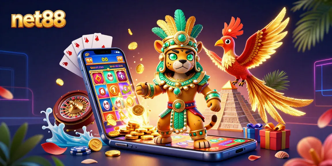 Experience vibrant slot action at net88 with 3D Mayan characters in a detailed casino scene.