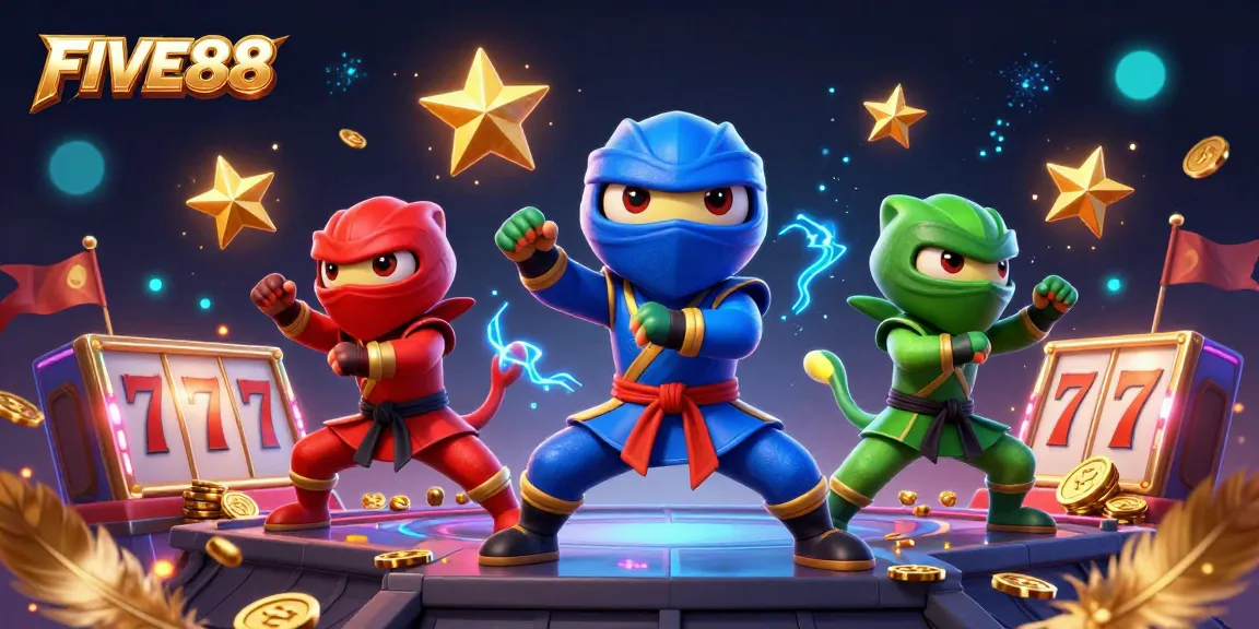 Engage in the excitement of FIVE88 with dynamic ninja chameleons showcasing casino elements in an electrifying scene.